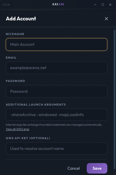 Edit account modal with launch args