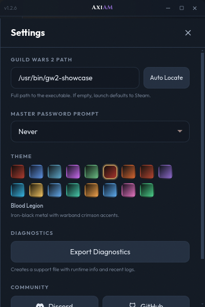 Settings panel with theme and GW2 path